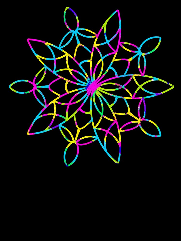 Multicoloured mandala on black background by Starlett Designs