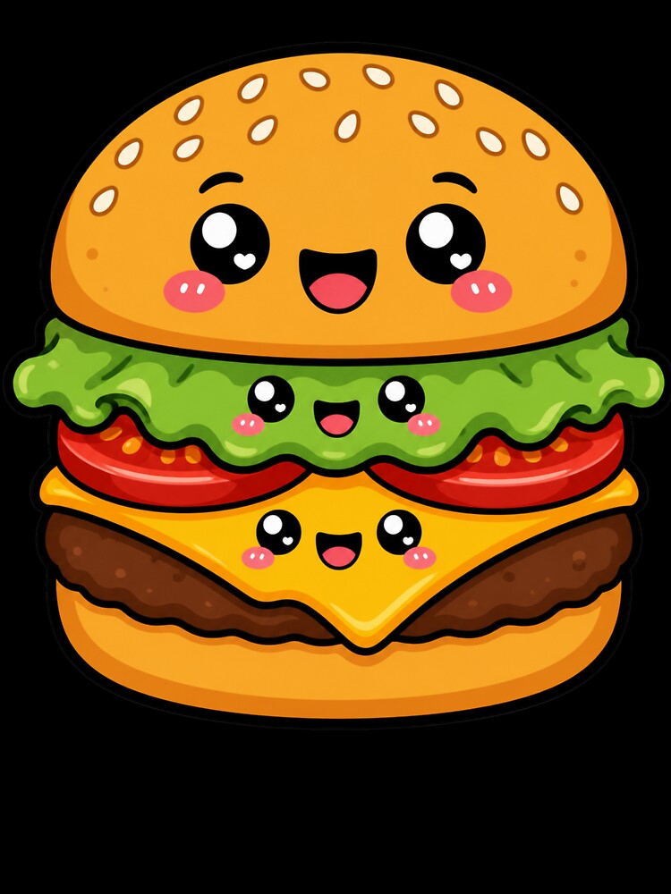 Kawaii Happy Burger Cartoon | Cute Cheeseburger Chibi Food Art by MonkeyVibe