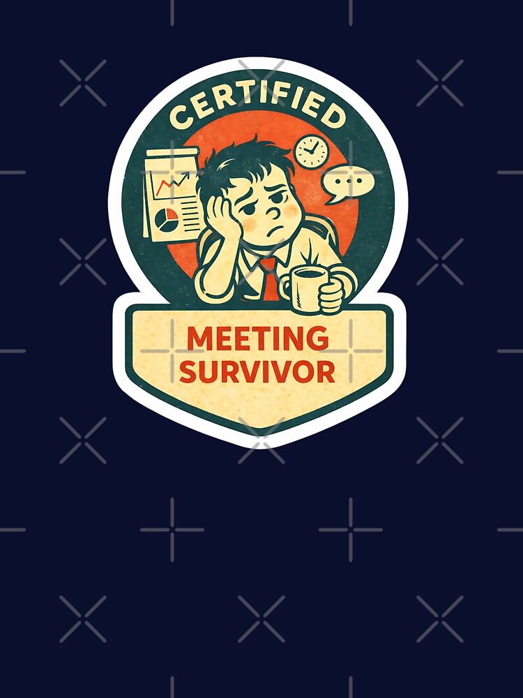 A retro-style “Certified Meeting Survivor” sticker featuring a tired office worker clutching a cup of coffee while enduring another endless meeting. by PIXEL POP DESIGNS - Beyond the Norm!