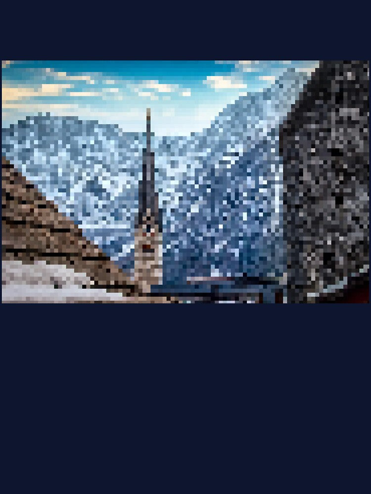Pixelated Mountainous Winter Church Scene by Potato Quality Prints