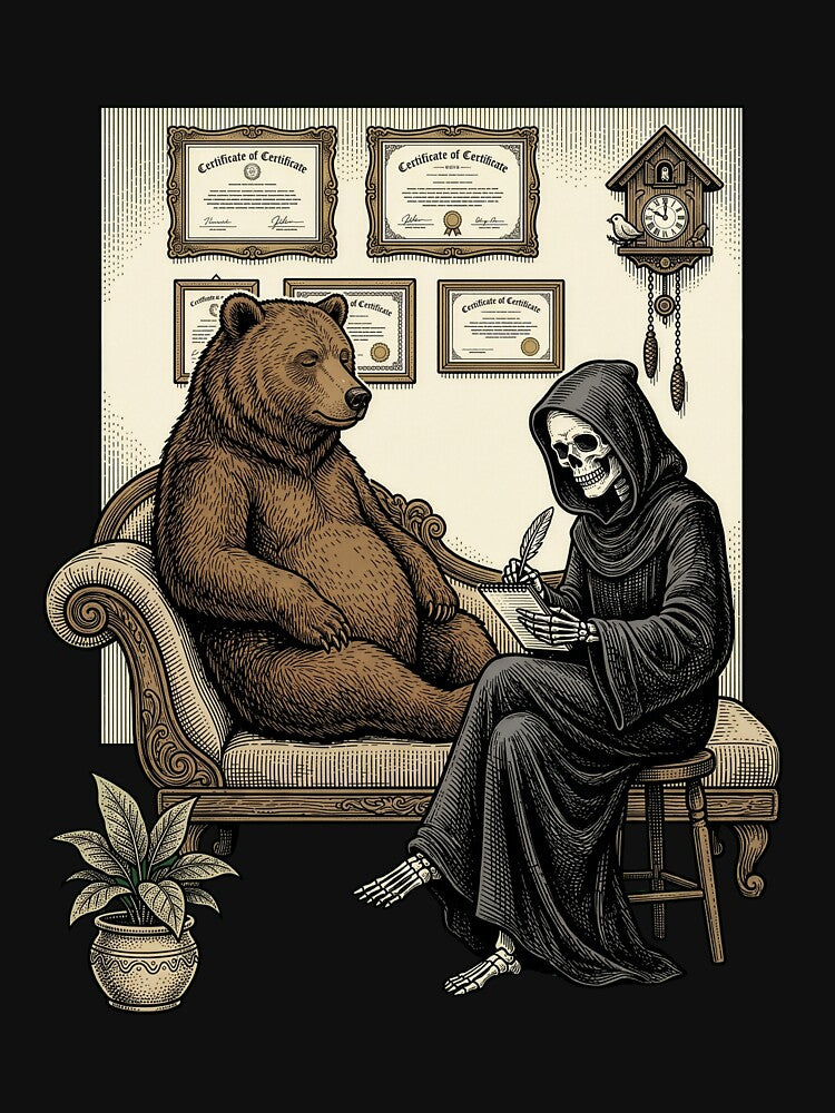 Bear in Therapy with Death — Dark Victorian Absurd Art by Lestari Studio