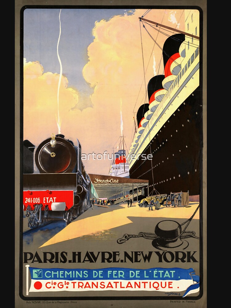 Vintage Art Deco Travel Poster | Paris Le Havre New York | 1920s 1930s Ocean Liner Train | Transatlantic Adventure Wall Art by artofuniverse