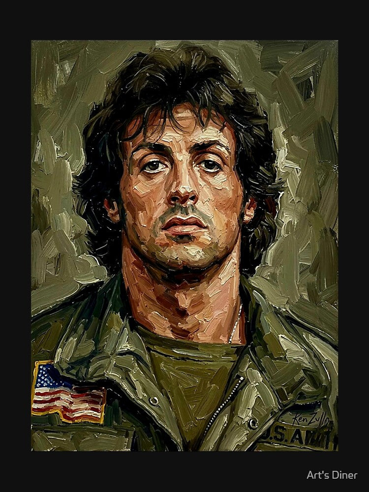 The Ultimate Survivor: Sylvester Stallone Rambo Military Impasto Portrait by Art's Diner