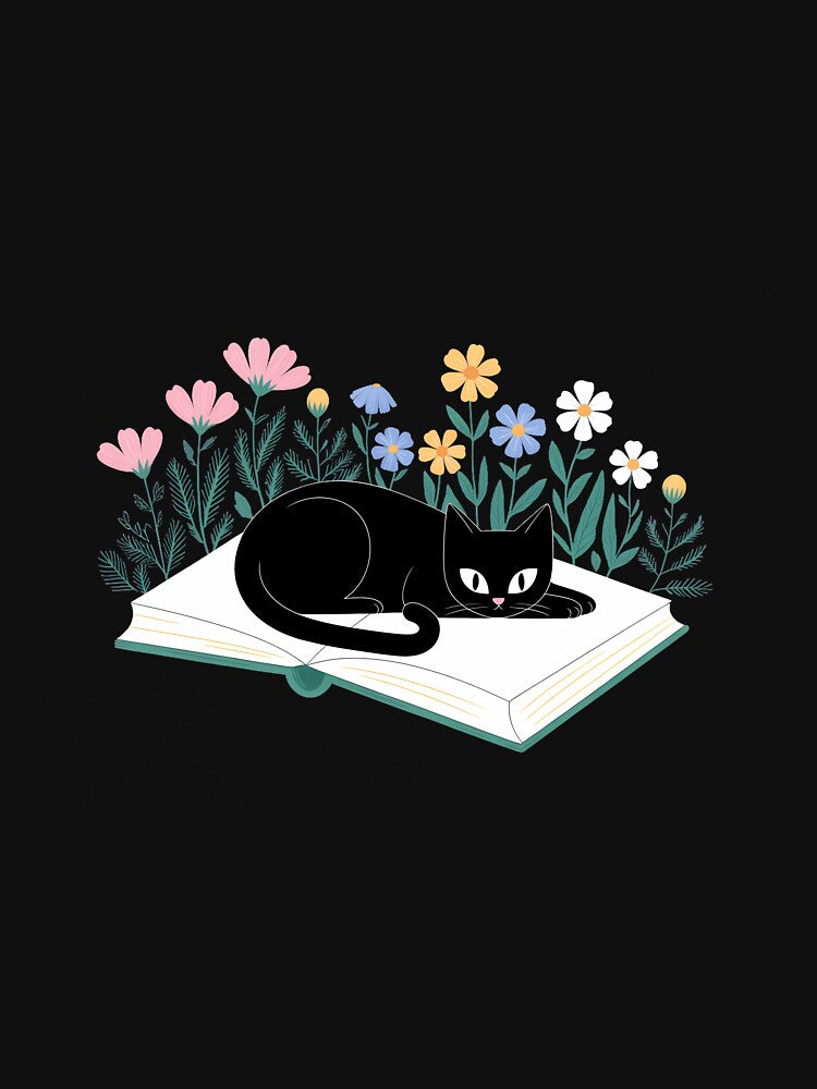 Floral Black Cat Lover Book Lover Bookish Cat by sailorjessiArt