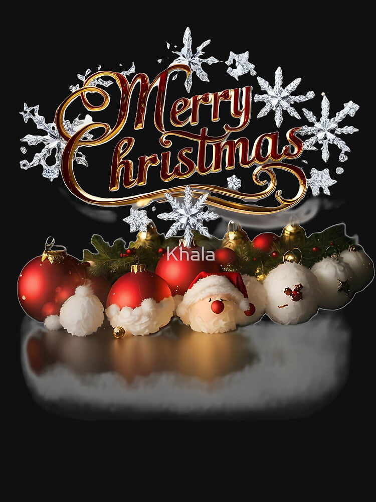 Festive "Merry Christmas" with Snowflakes, Ornaments, and Santa Hat by Khala