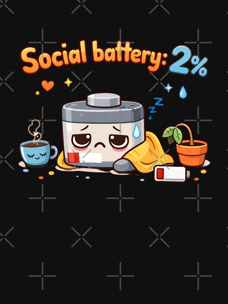 Social Battery 2% Cute Cartoon Introvert Design by Sanika arts
