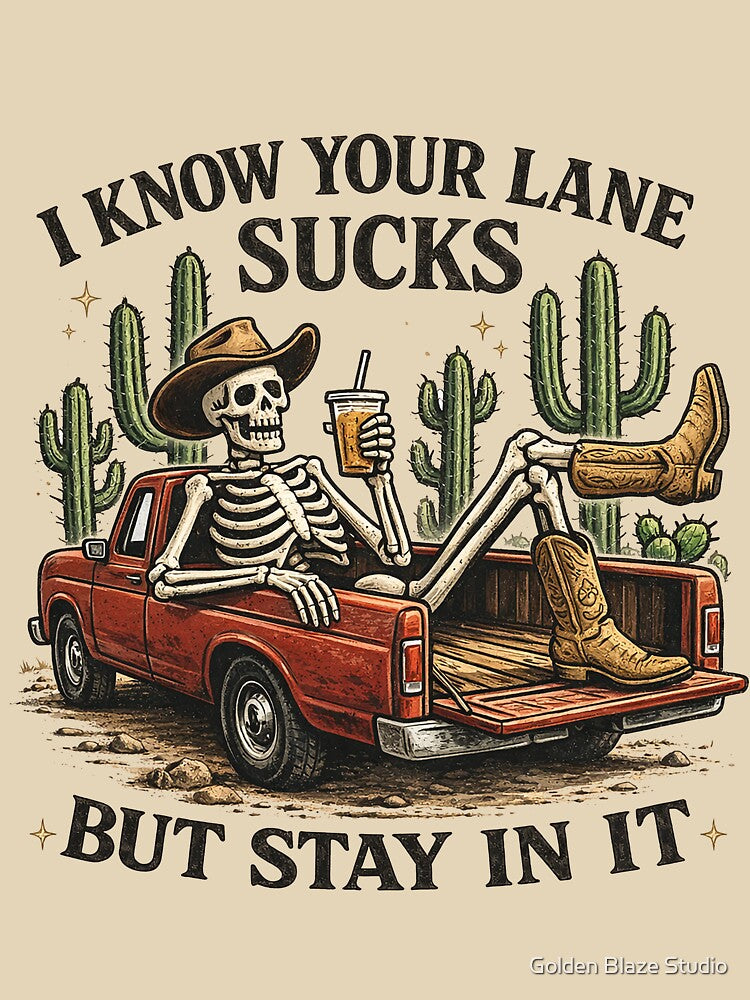 I Know Your Lane Sucks But Stay In It – Funny Skeleton Cowboy Sarcastic by Golden Blaze Studio