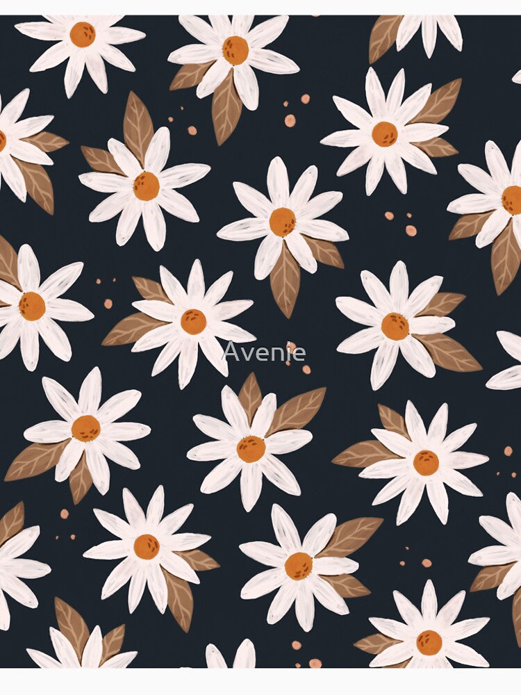 Boho Daisies Floral Print In Navy and Gold by Avenie