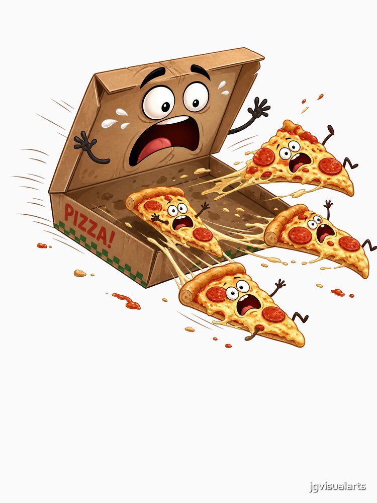 Terrified Pizza Slices Flying Out of Cartoon Pizza Box by jgvisualarts