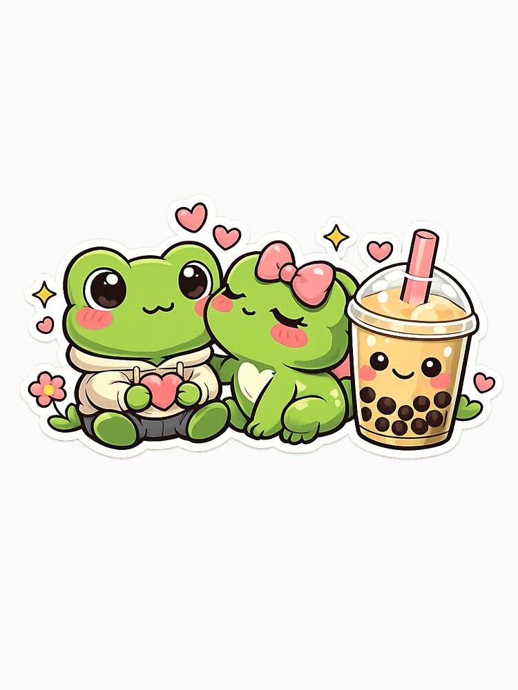 Kawaii Frog Couple Love Sticker - Cute Frogs With Bubble Tea Romantic Aesthetic by FluffiPopo