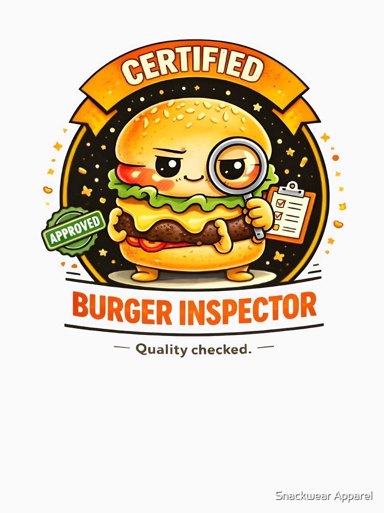 Certified Burger Inspector – Funny Burger Mascot Food Humor Design by Snackwear Apparel