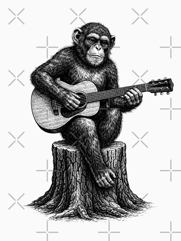 Realistic Monkey Playing Guitar – Black and White Engraving Illustration by PrintoraSpirit