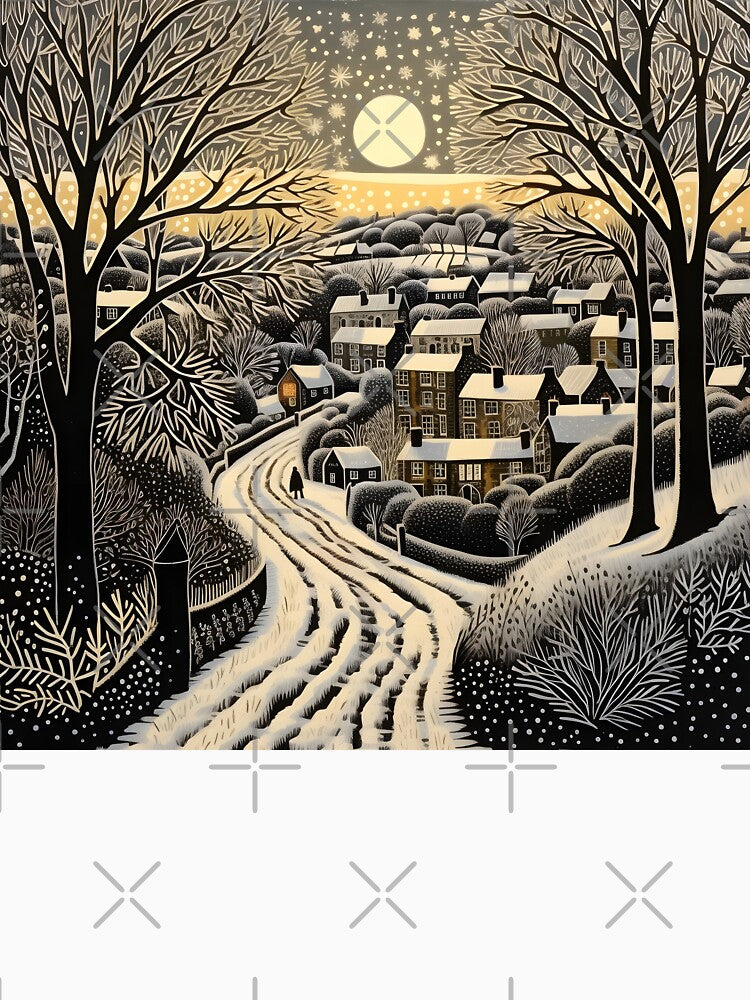 christmas holiday linocut landscape print by dcrc