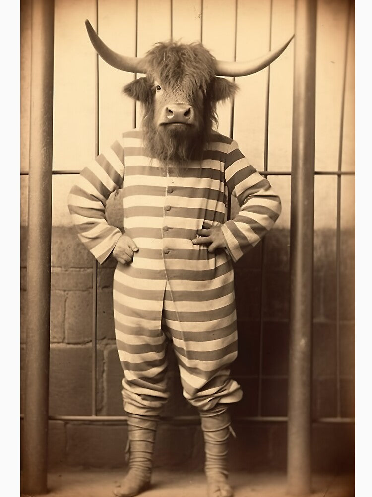 Highland Cow in Jail in a Striped Prison Suit, Funny Vintage by CheekyAnimalz