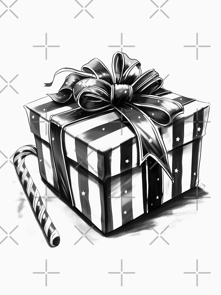 Striped Christmas Gift with Candy Cane – Black and White Holiday Illustration by inkoutninja