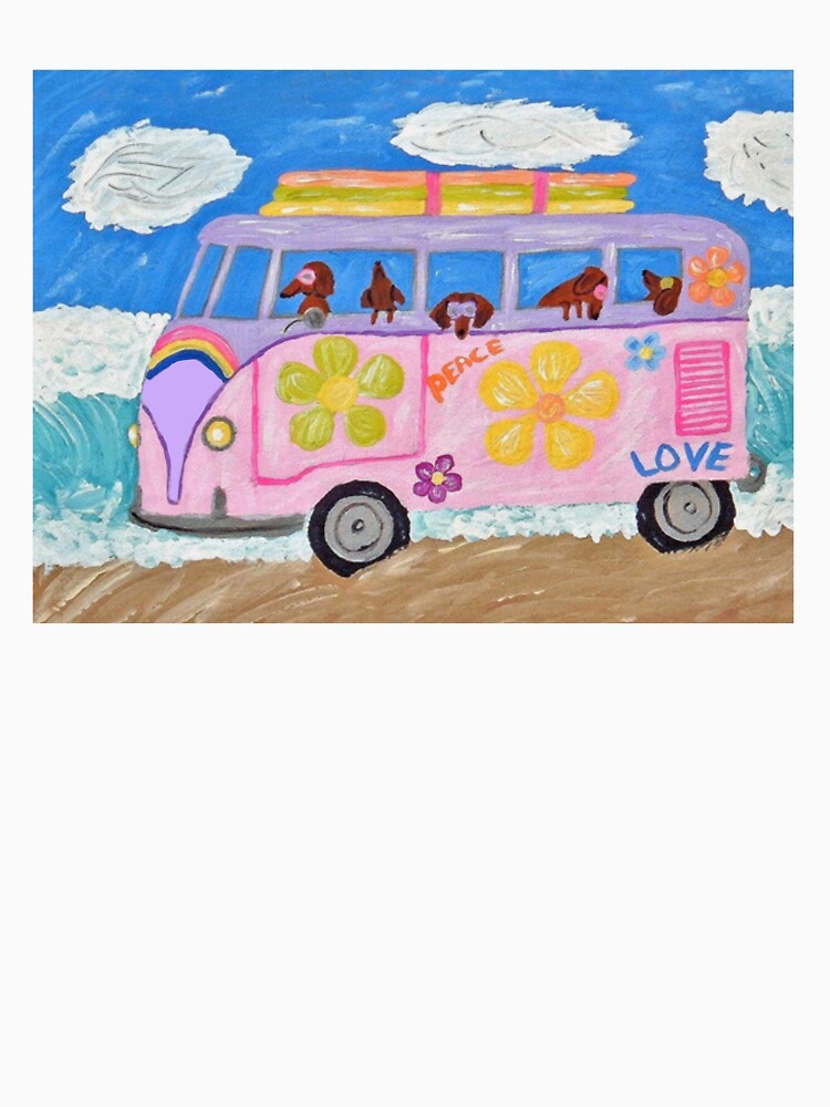 Dachshunds in Hippie Flower Child Van at the Beach by Squirreldumplings