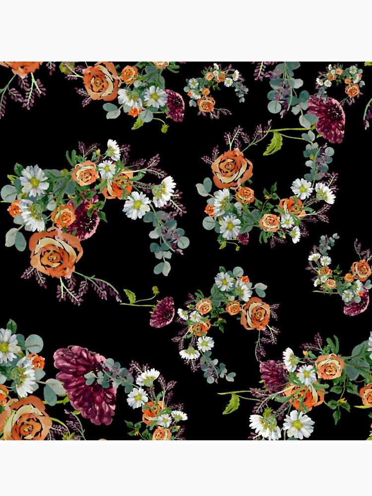 Dahlia red rose daisy pattern watercolor black by Yana Mustafina | Boho Soulful Designs