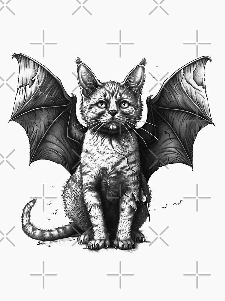 Bat Wing Cat Black and White Gothic Fantasy Animal Illustration by inkoutninja