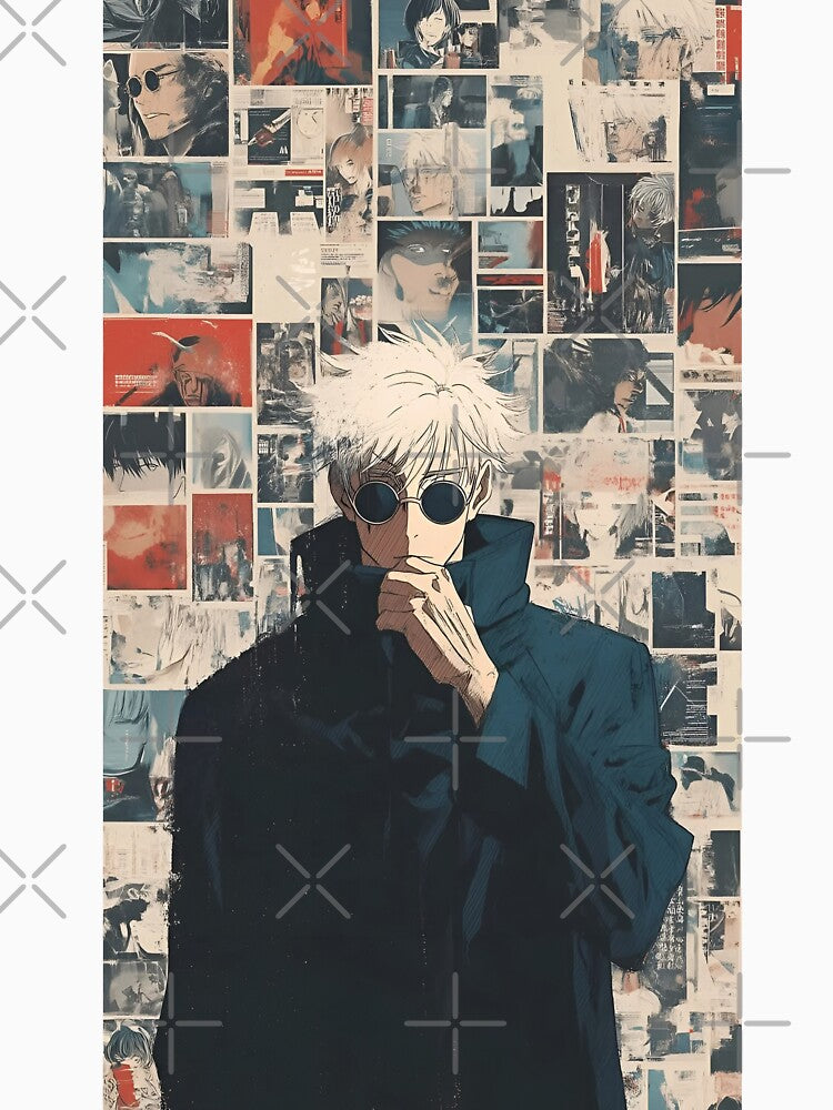 White Hair Anime Sorcerer – Dark Aesthetic Manga Collage | Cool Minimalist Anime Art by Dyan4