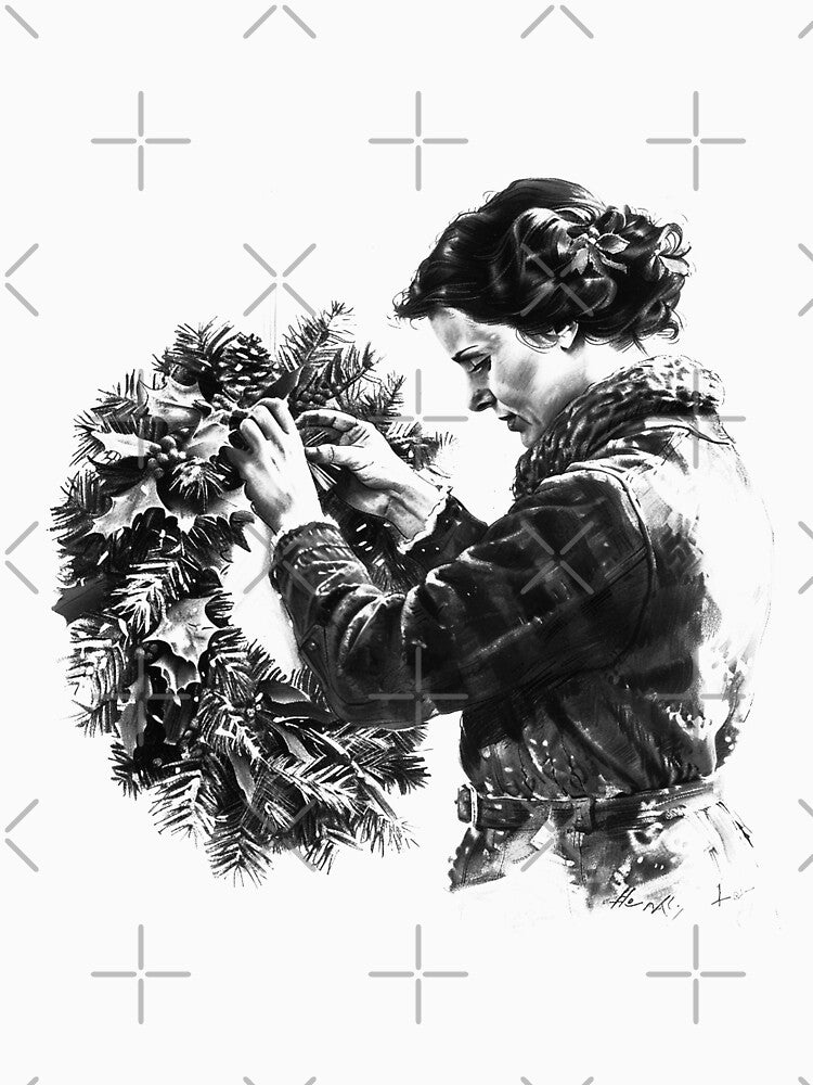 Woman Decorating Christmas Wreath – Black and White Holiday Illustration by inkoutninja