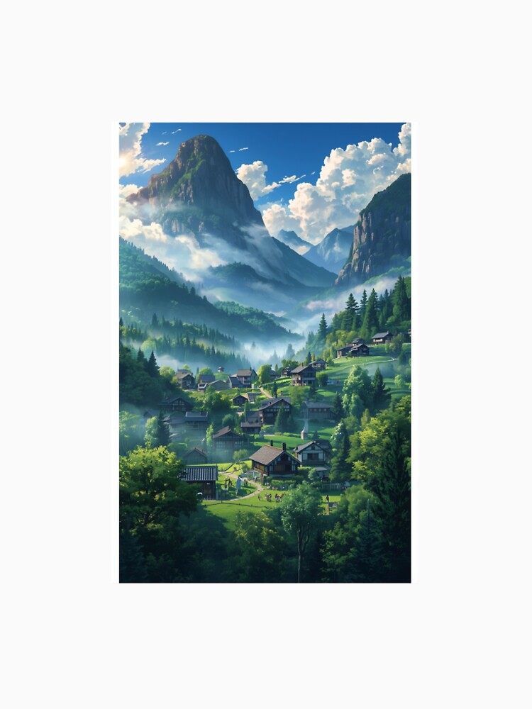 Anime Mountain Village Landscape by peacefulframes.art