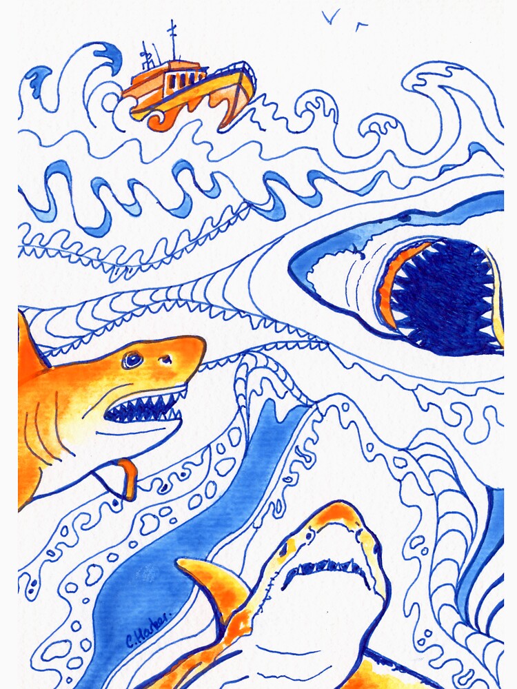 Neon Shark Jaws Ink & Watercolour Quirky Original Art by Cass Harker Studio