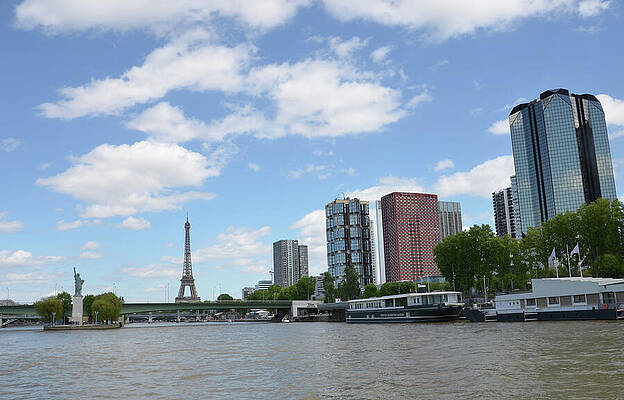 River Front View Of Paris France With Eiffel Tower And Statue Of Liberty Print