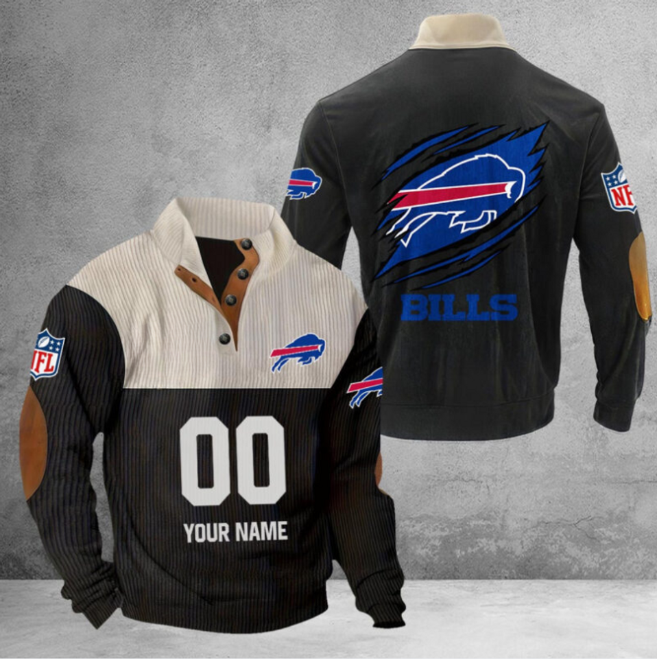 Customize Name And Number Buffalo Football Corduroy Stand Collar Sweatshirts