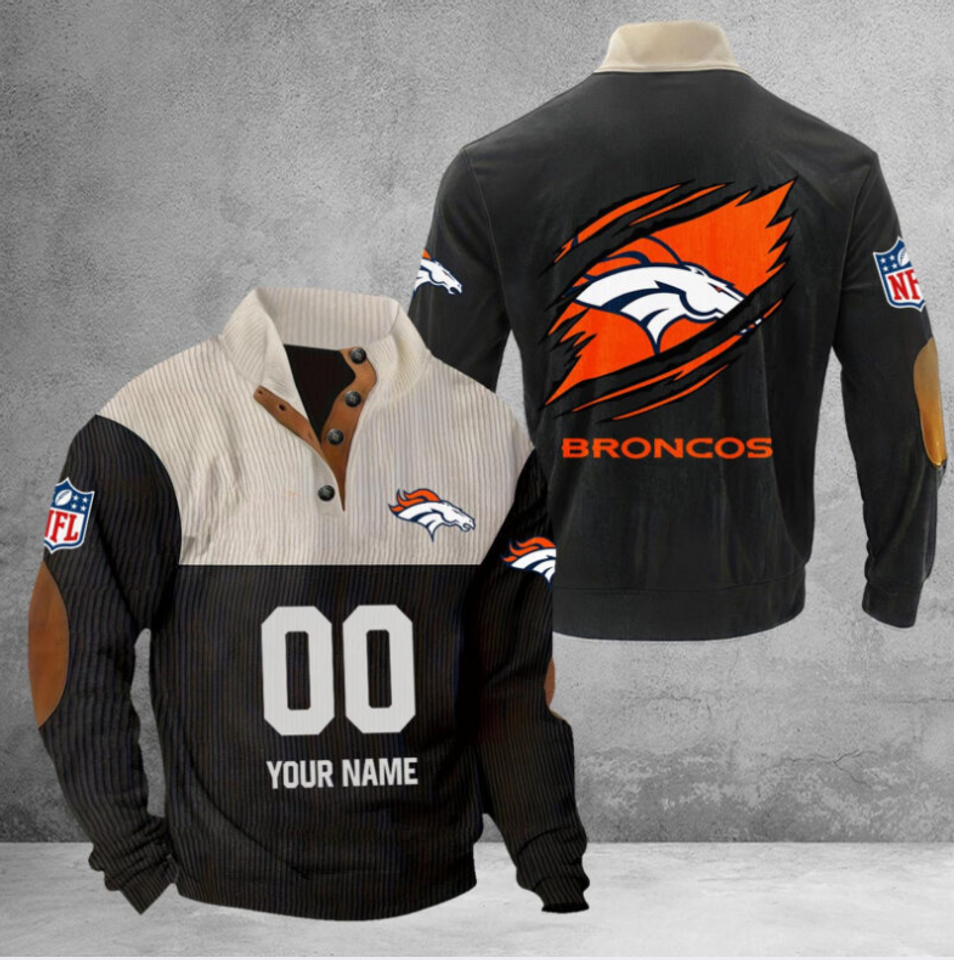 Customize Name And Number Broncos Football Corduroy Stand Collar Sweatshirts