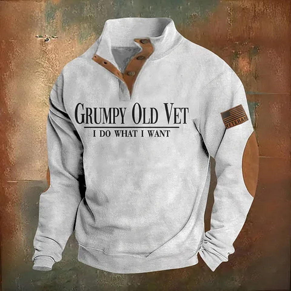 Men's Grumpy Old Veteran Print Stand Collar Button Pullover