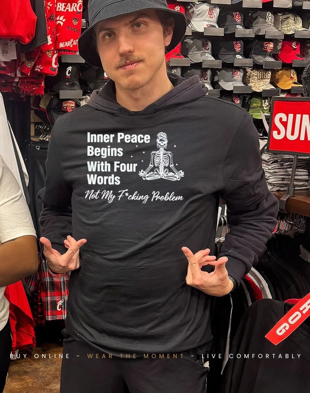 Skeleton meditate inner peace begins with four words not my fucking problem shirt