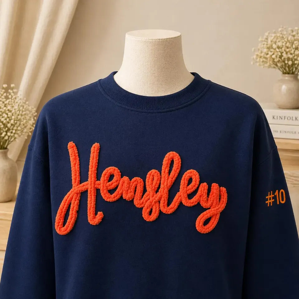 Custom Chenille Embroidered Sweatshirt with Script Name and Number Crewneck College University Style