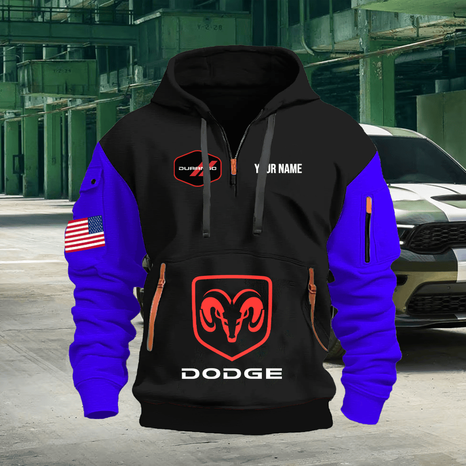 Dodge Durango Personalized Name Black Quarter Zipper Hoodie - Blue Sleeve