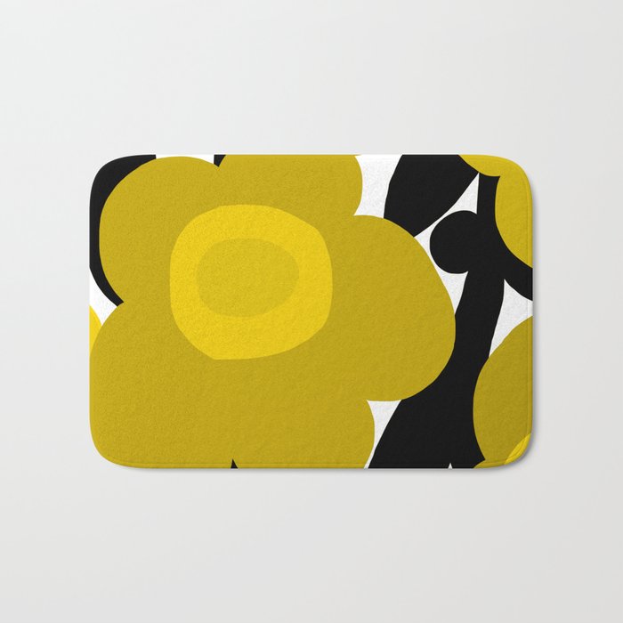 Large Dijon Mustard Yellow Retro Flowers on Dark Branches White Background #decor #society6 #buyart Bath Mat Gallery Image 1