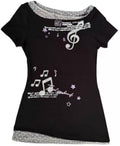 Women's Grunge Emo Musical Note Graphic T-Shirt Y2K Aesthetic Asymmetric Cold Shoulder Top Alt Indie Tee Streetwear