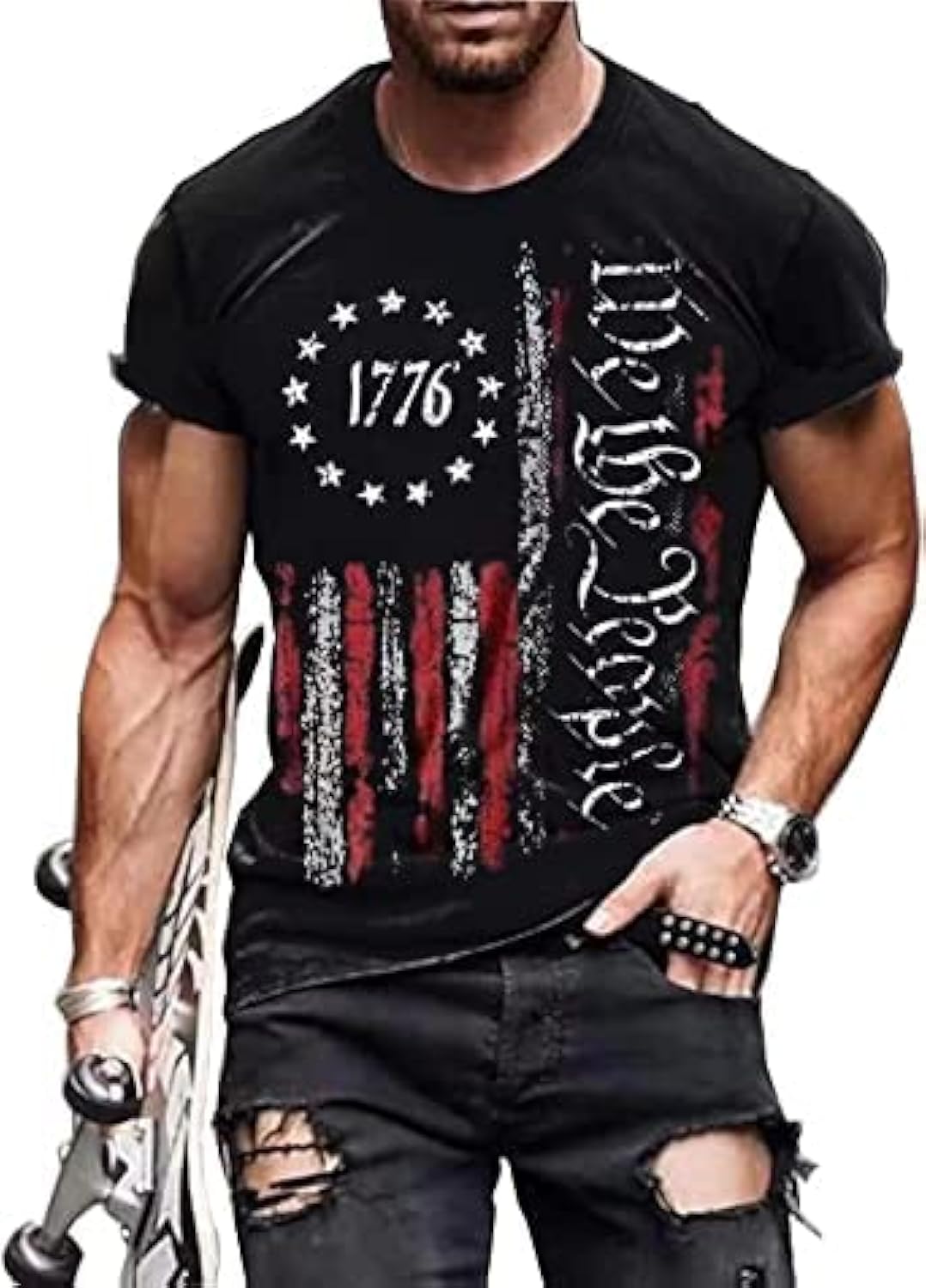 Men American Flag Patriotic Eagle T Shirt 4th of July Skull Round Neck Short Sleeve