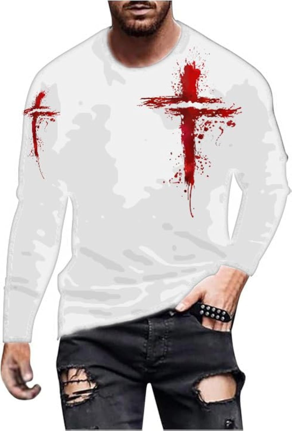 Mens Graphic T-Shirts Jesus Cross Vintage Print Casual Faith T-Shirts Summer Long Sleeve Crew Neck Christian Tops