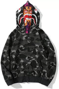 Shark Double-Layer Hooded Zip-Up Hoodie: Trendy Youth Full-Zip Hip Hop Streetwear Sweatshirt for Men