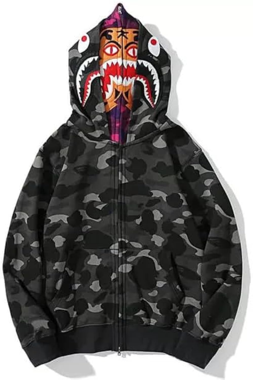 Shark Double-Layer Hooded Zip-Up Hoodie: Trendy Youth Full-Zip Hip Hop Streetwear Sweatshirt for Men