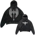 Unisex Y2K Aicd Wash Gothic Graphic Hoodies Oversize Grunge Skull Wing Print Sweatshirt Casual Fit Pullover
