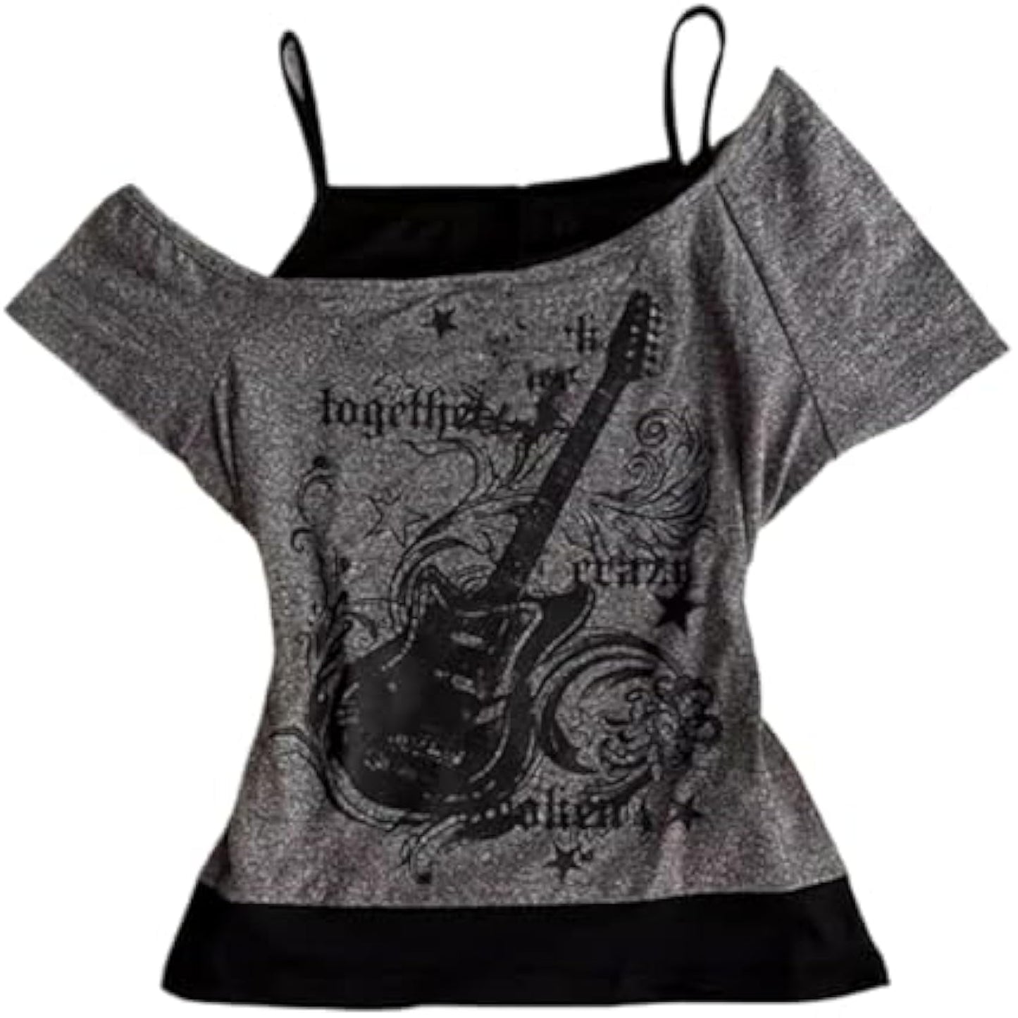 Emo Grunge Shirts Women 2000s Graphic Baby Tees Fake Two Piece Short Sleeve Vintage Y2k Crop Top Goth Alt Clothes