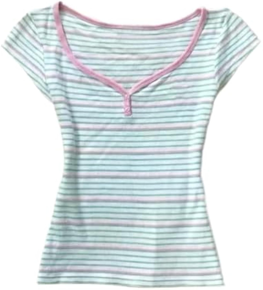 Womens Y2K Sweet Japanese Kawaii Pastel Stripe Print Henley T Shirt Cute V Neck Soft Aesthetic Casual Fitted Baby Tee