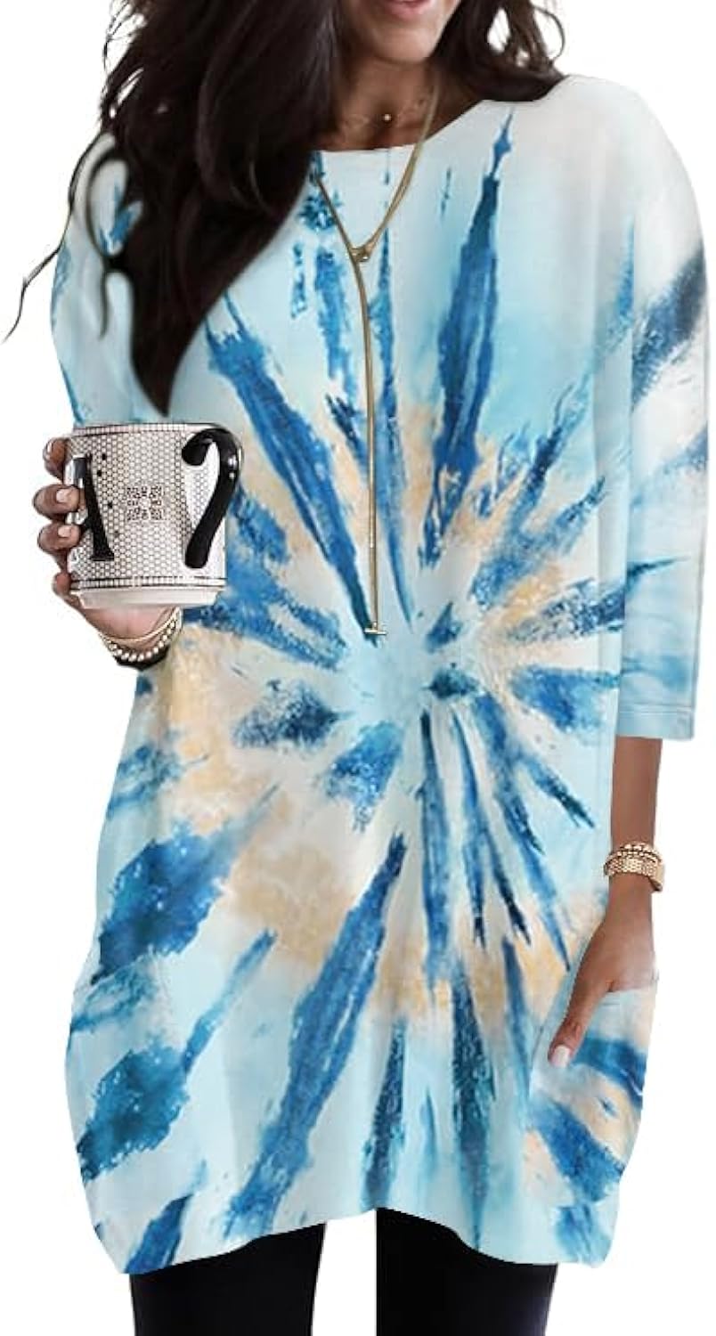 Womens 3/4 Sleeve Tunics or Tops to Wear with Leggings Long Shirts Blouses with Pockets S-3XL