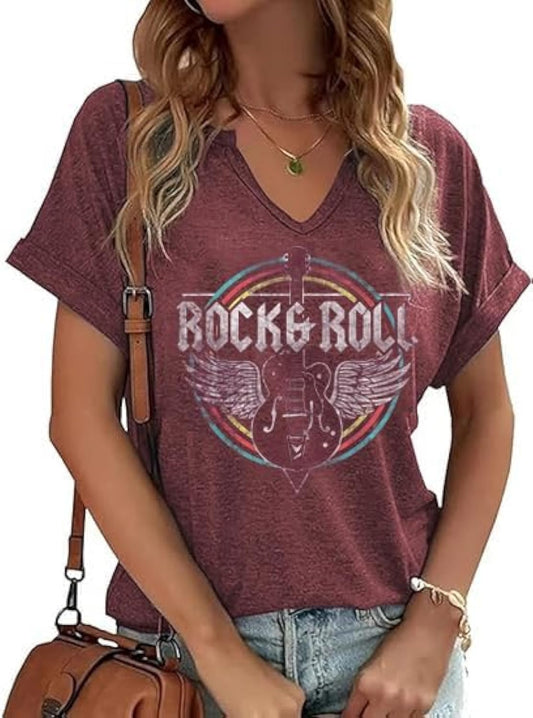 Women Vintage V Neck Shirts Rock and Roll Music Guitar Graphic T Shirt Country Music Tops Teacher Tee