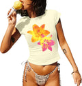 Y2K Graphic Baby Tees for Women Slim Fit Aesthetic Flower Print Crop Tops Girls Summer Hawaii Cropped Tshirts