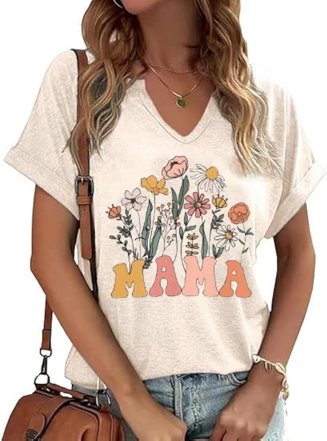 Mama Retro V Neck Shirts for Women Vintage Mama Mommy Mom Bruh Life T Shirts Mother's Day Tops Tee Gifts