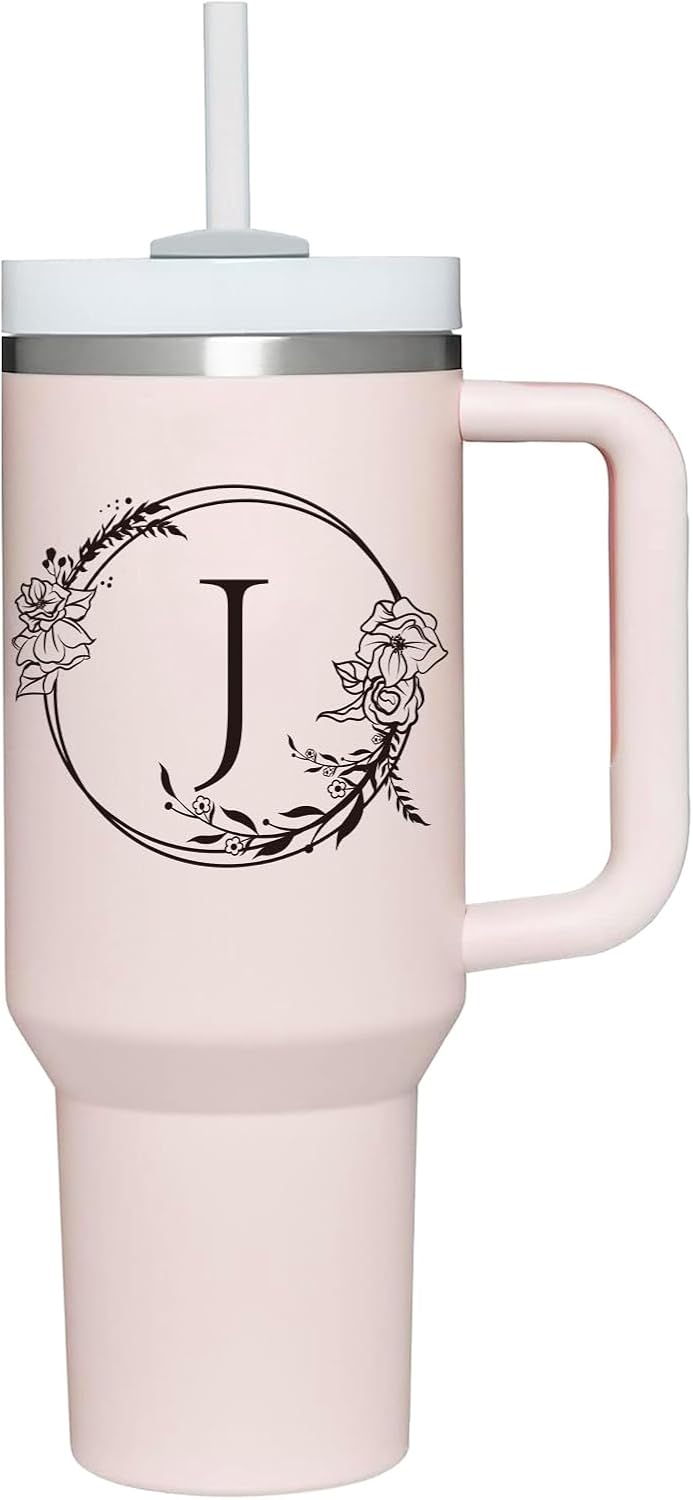 Personalized 40oz Tumbler Cup with Initials.Cup with Letter J 40oz Tumbler with Handle.Custom Tumbler Cup with Letter.Initial Monogram Tumbler Mug Gifts for Women Birthday Christmas.
