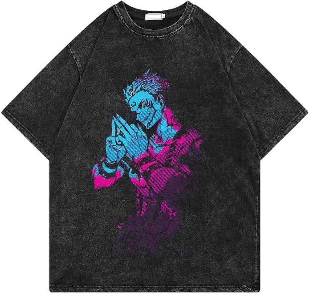 Men's Vintage Wash Anime Pattern Shirt Summer Casual Hip Hop T-shirt Street Clothing Harajuku Top T-shirt Y2K Top