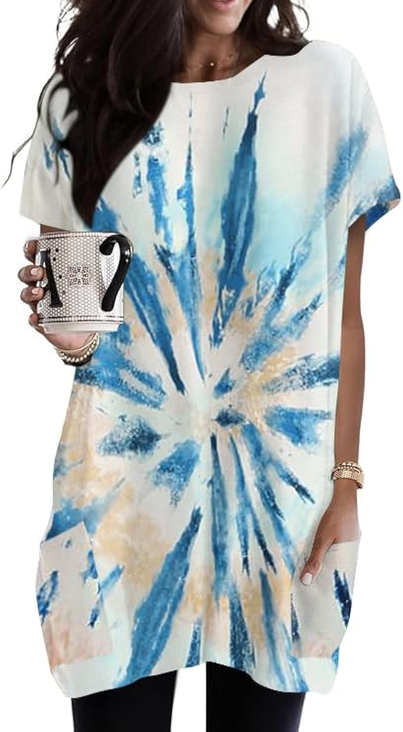 Summer Womens Tunic Tops for Leggings with Pockets Short Sleeve Casual Long T Shirts S-3XL