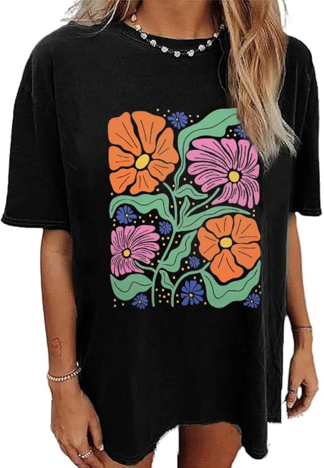 Oversized Graphic T-Shirt for Women Vintage Floral Shirt Rock Band Music Guitar Tee Casual Holiday Cute Plant Tops